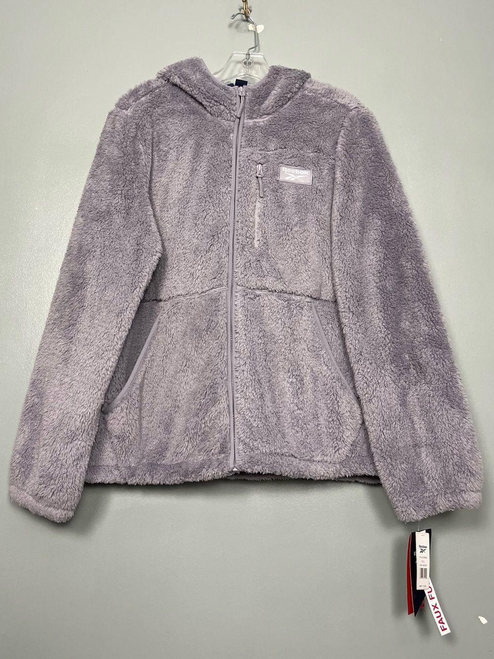 Reebok Women’s Plush Faux Fur Fleece Hooded Zip Jacket Dove Gray Lavender Size L
